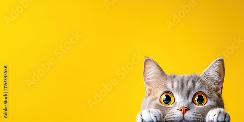 Gray British Shorthair Cat Peeking with Big Amber Eyes Against Bright Yellow Background – Minimalist Wallpaper Animal Photography