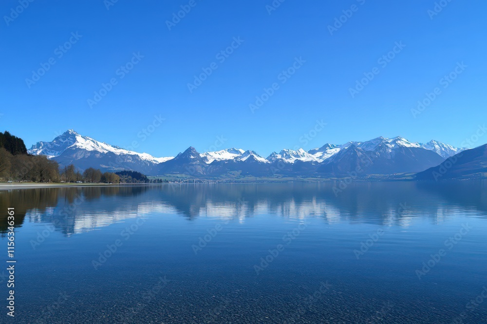 A panoramic view of an Alpine lake surrounded by majestic snow-capped mountains in Switzerland, with a clear blue sky reflecting on the tranquil water. A panoramic view of an Alpine lake surrounded by majestic snow-capped mountains in Switzerland, with a clear blue sky reflecting on the tranquil water.