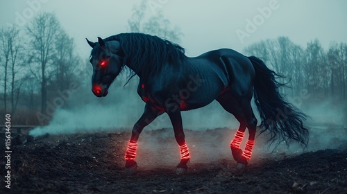 Mystical Black Stallion in a Foggy Landscape photo