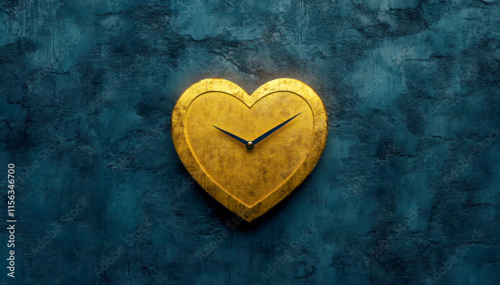 Obraz premium Golden heart-shaped clock design on a textured blue background.
