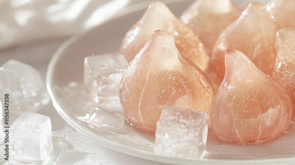 Fototapeta premium Exquisite Pink Peach Pears Sparkling Ice Cube Elegant White Plate Styled Delicate Lighting Refined Refreshing Still Life Composition glaze resin toy home decor slime charm glass frost fake food fruit