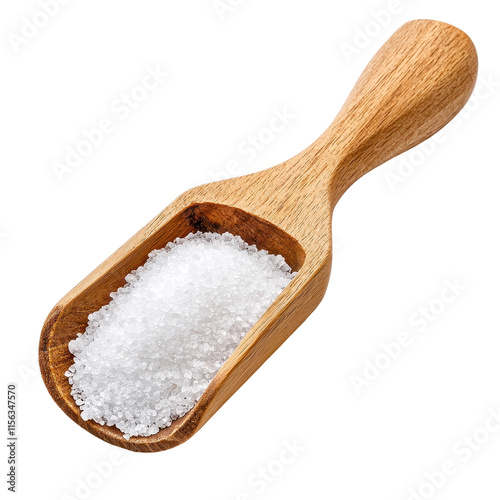 Wooden Scoop Filled with Coarse White Salt Crystals