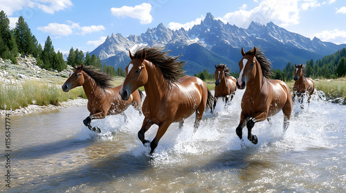 Wallpaper Mural Dynamic depiction of wild horses running through river with mountains Torontodigital.ca