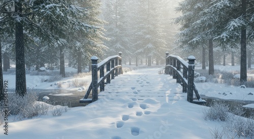 Snowy Wooden Bridge Across Winter Forest Stream