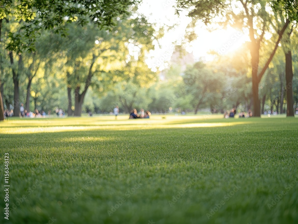 Obraz premium A serene park scene with lush green grass, trees, and sunlight filtering through, creating a peaceful atmosphere for relaxation.