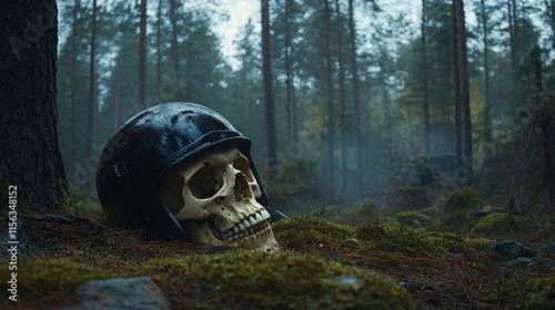 Eerie forest scene human skull helmet lying amidst fallen leaves mystery history conceptual art war horror story illustration photography death kill cruel wall art conflict cold moody grim creepy photo