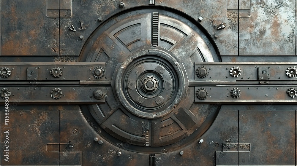 Steampunk Metal Door: A close-up of a meticulously crafted steampunk-inspired metal door, featuring a circular central panel surrounded by intricate metalwork, rivets, and weathered textures. Steampunk Metal Door: A close-up of a meticulously crafted steampunk-inspired metal door, featuring a circular central panel surrounded by intricate metalwork, rivets, and weathered textures.
