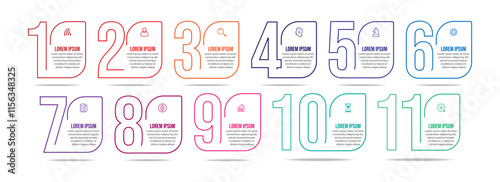 infographic business design for your presentation with 11 sections containing icons, numbers, directions and colors