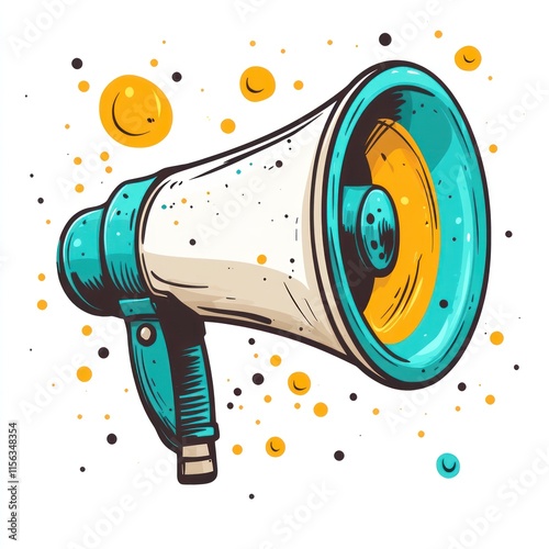 A teal and beige megaphone with yellow and black splatters. photo