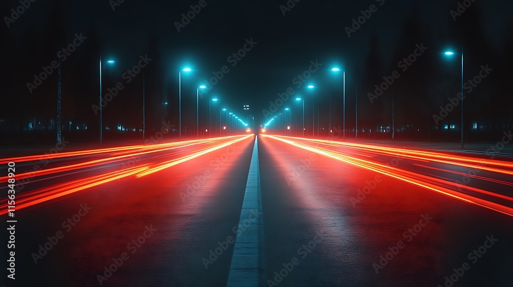Night Road Scene With Light Trails And Streetlights Night Road Scene With Light Trails And Streetlights