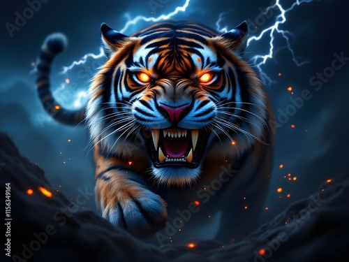 Fierce Glowing Eyed Tiger Stormy Night Digital Art photo