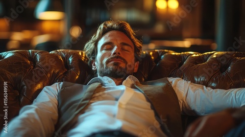 drunk businessman resting on sofa in living room 