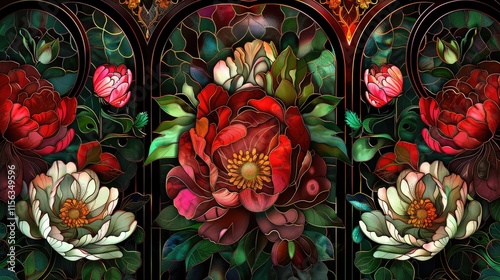 Stained Glass Floral Pattern with Red and White Flowers