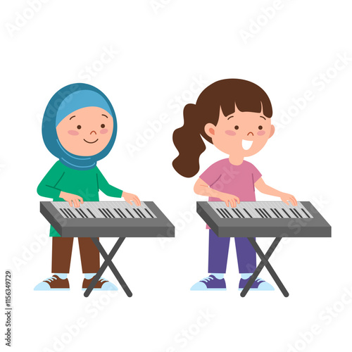 Two girls playing piano or organ