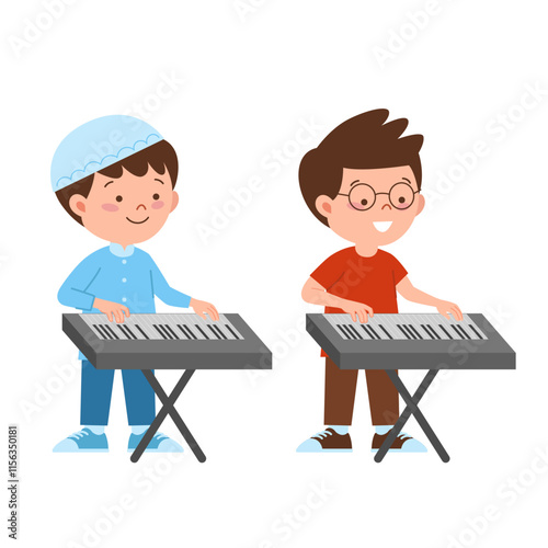 Two boys plays piano or organ
