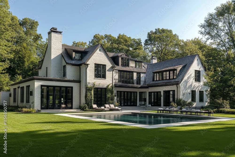 Obraz premium Large white brick modern farmhouse home with black windows, outdoor pool, and expansive glass walls overlooking nature. Sophisticated architecture and interior lighting.