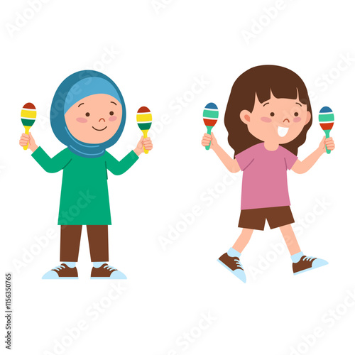 Two girls playing maracas or maraca