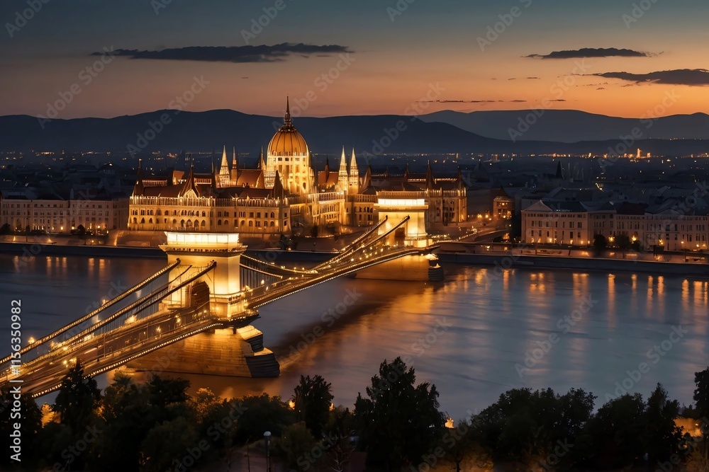 Naklejka premium A nighttime view of a City illuminated with golden yellow lights, stretching majestically over the river