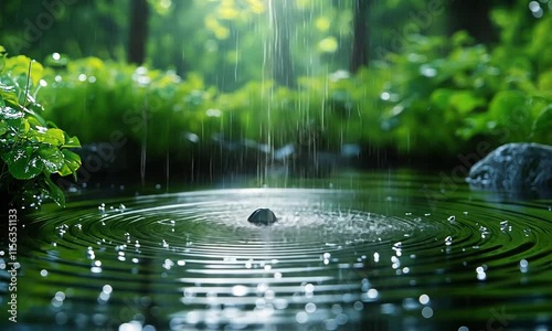 A serene scene of rain falling on water, creating ripples amidst lush greenery.