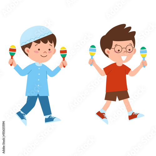 Two boys playing maracas or maraca