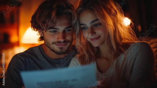 Happy young family couple managing household budget, 