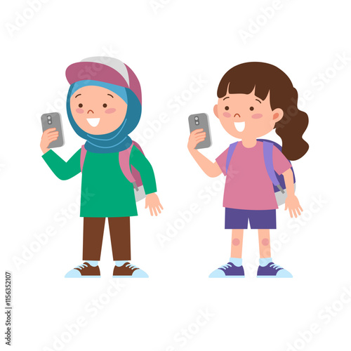 Two girls took photos with smartphone