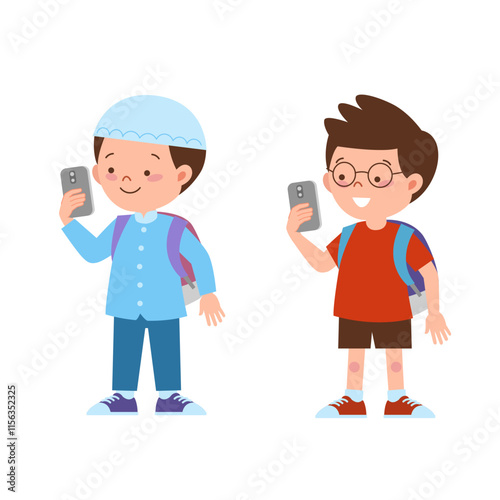 Two boys took photos with smartphone