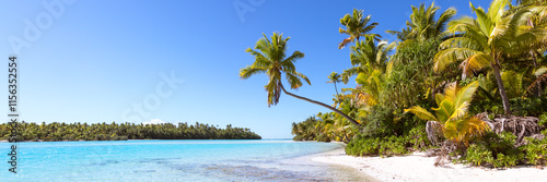 Panoramic of sandy beach with palms in the lagoon of One Foot Island, Aitutaki, Cook Islands