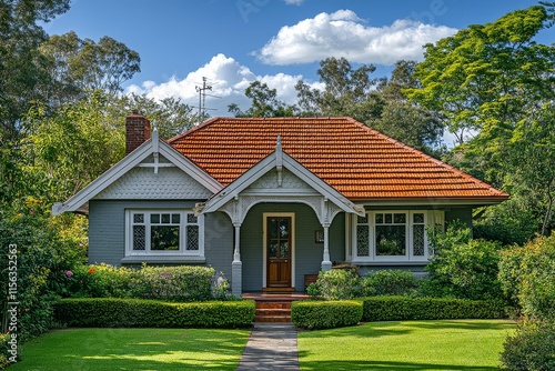 Old pale grey beach house with white trim and brown roof, surrounded by green grass, trees, and bushes, blue sky, front view in Blue Sanchez neighborhood photo