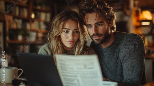 Happy young family couple managing household budget, enjoying planning investment, 