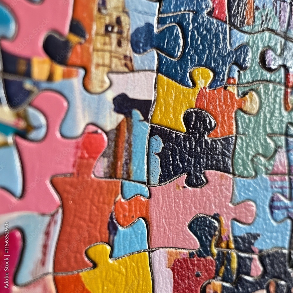 Obraz premium A puzzle with many pieces and a pink piece. The puzzle is made of leather