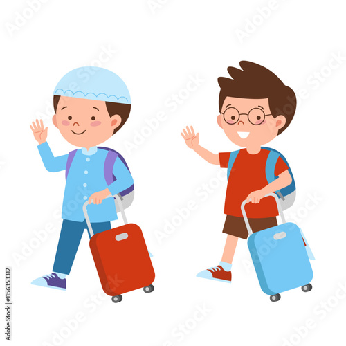 Two boys waving and holding a suitcase