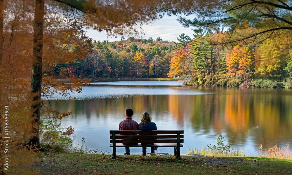 Couple sitting on a bench overlooking an autumnal lake, enjoying the scenic view.