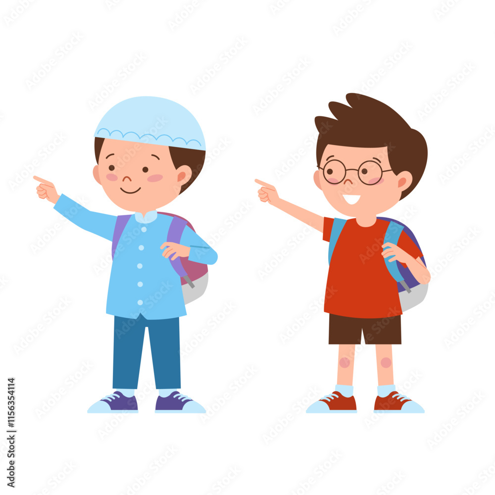Two boys with backpack point to something Two boys with backpack point to something
