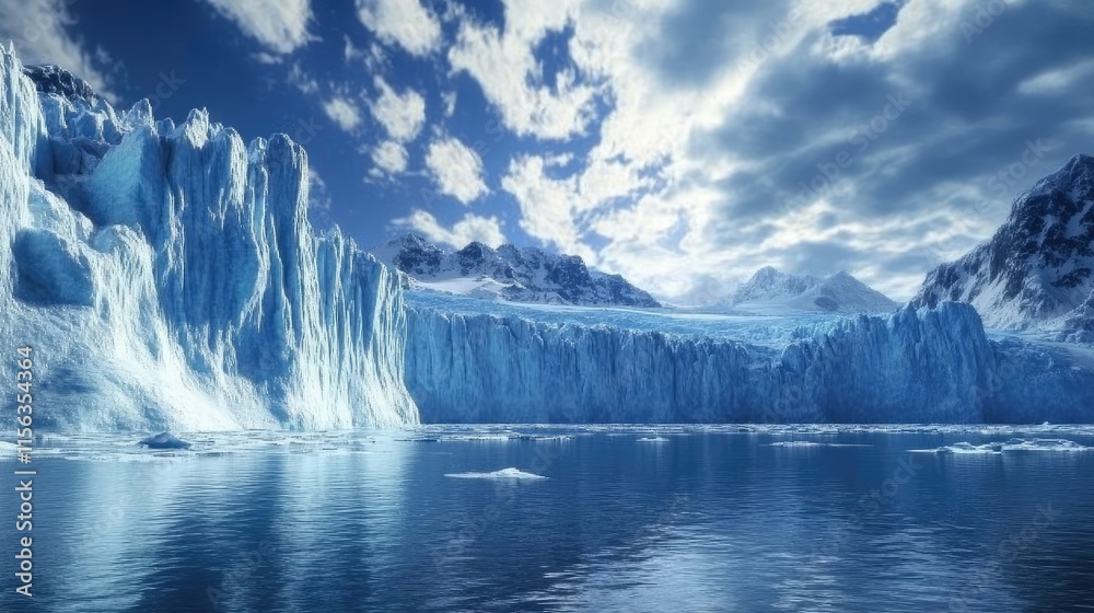Fototapeta premium A stunning frozen world with massive glaciers, sharp icy cliffs, and a sky filled with layered clouds.