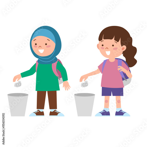 Two girls with backpack throwing trash to rubbish bin