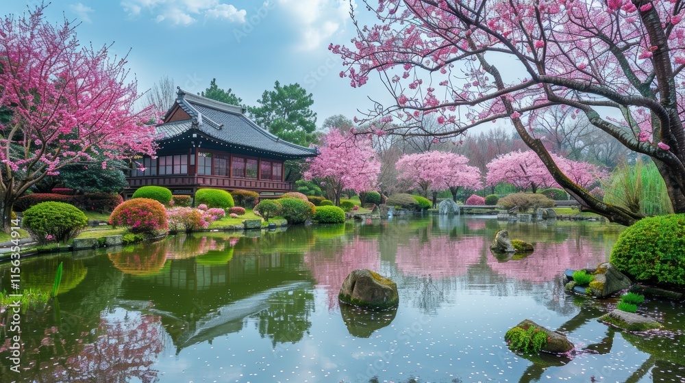 Serene Japanese Garden with Cherry Blossom Trees and Tranquil Reflection Serene Japanese Garden with Cherry Blossom Trees and Tranquil Reflection