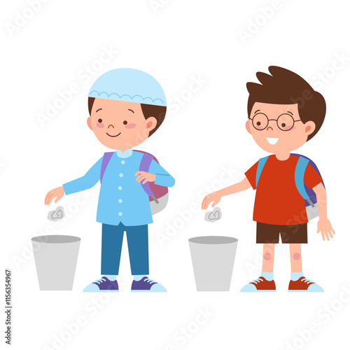 Two boys with backpack throwing trash to rubbish bin