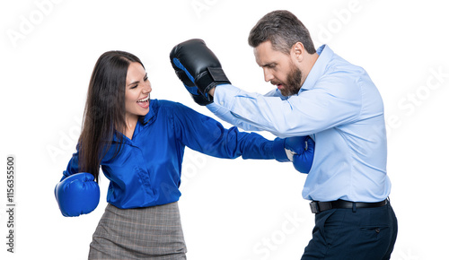 anger management. business fight with two businesspeople. businesspeople fight against each other. business fight. business partners fighting in boxing gloves isolated on white. diverse business