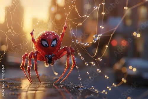 Cartoon spider on web at sunrise. photo