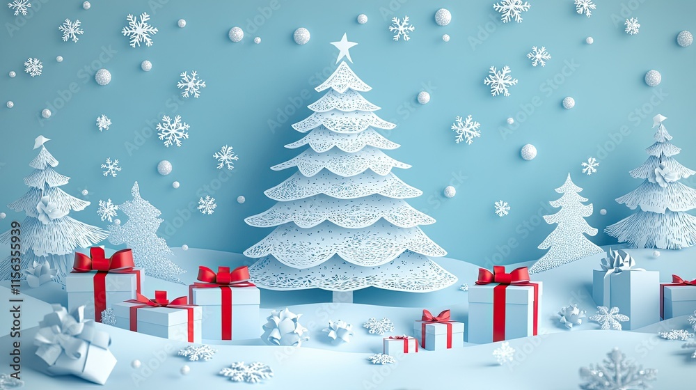 Artistic paper-cut scene of a Christmas tree surrounded by gifts and shimmering snowflakes in a winter wonderland.