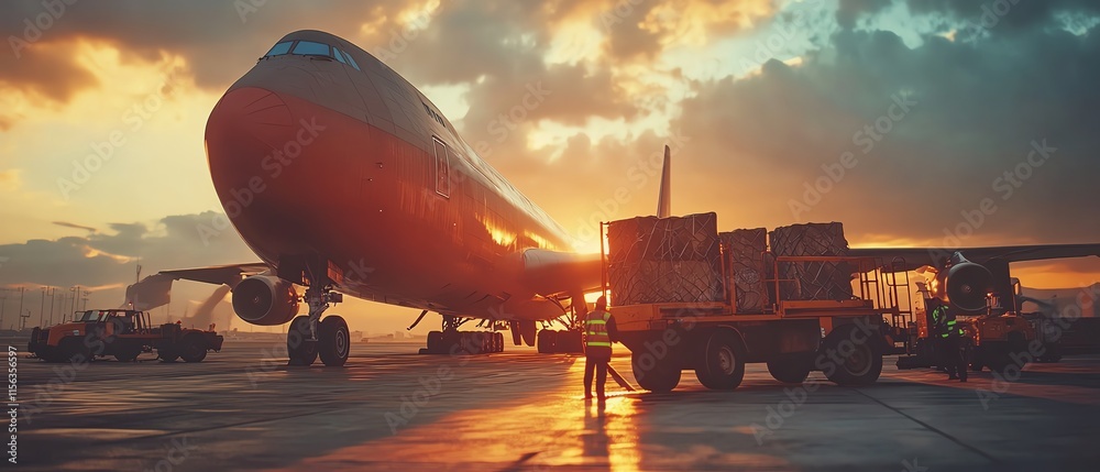 Cargo loading operations at an airport, workers coordinating in harmony, massive airplane in the background, dynamic industrial scene, vibrant tones Cargo loading operations at an airport, workers coordinating in harmony, massive airplane in the background, dynamic industrial scene, vibrant tones