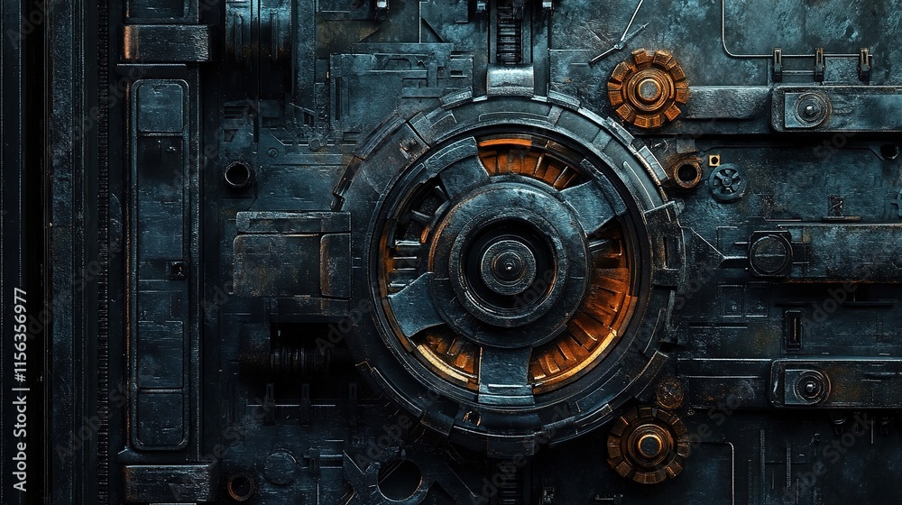 Industrial Vault: A close-up of a massive industrial vault door with intricate details and rusted metal. The door's aged and weathered texture creates a sense of mystery. Industrial Vault: A close-up of a massive industrial vault door with intricate details and rusted metal. The door's aged and weathered texture creates a sense of mystery.