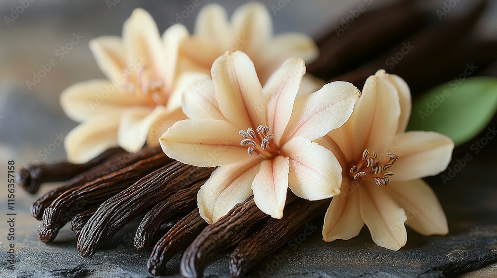 Fototapeta premium Delicate Vanilla Flower Featuring Its Pods and Foliage