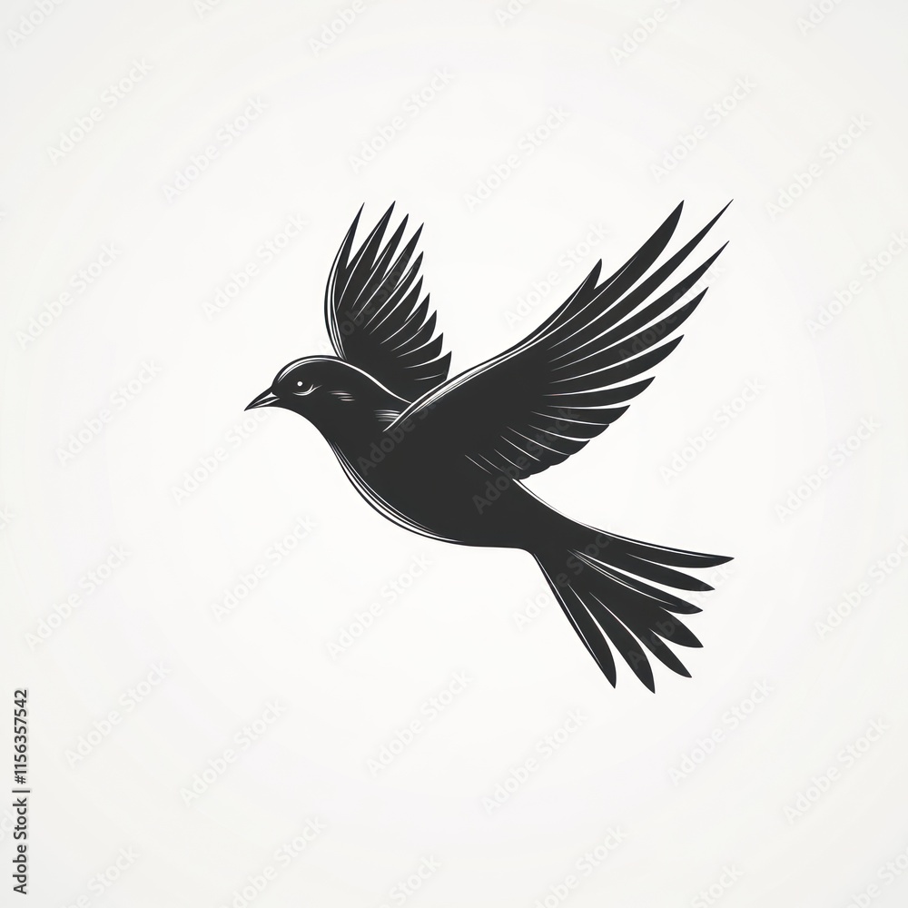 Obraz premium Black bird in flight, vector silhouette on plain background.