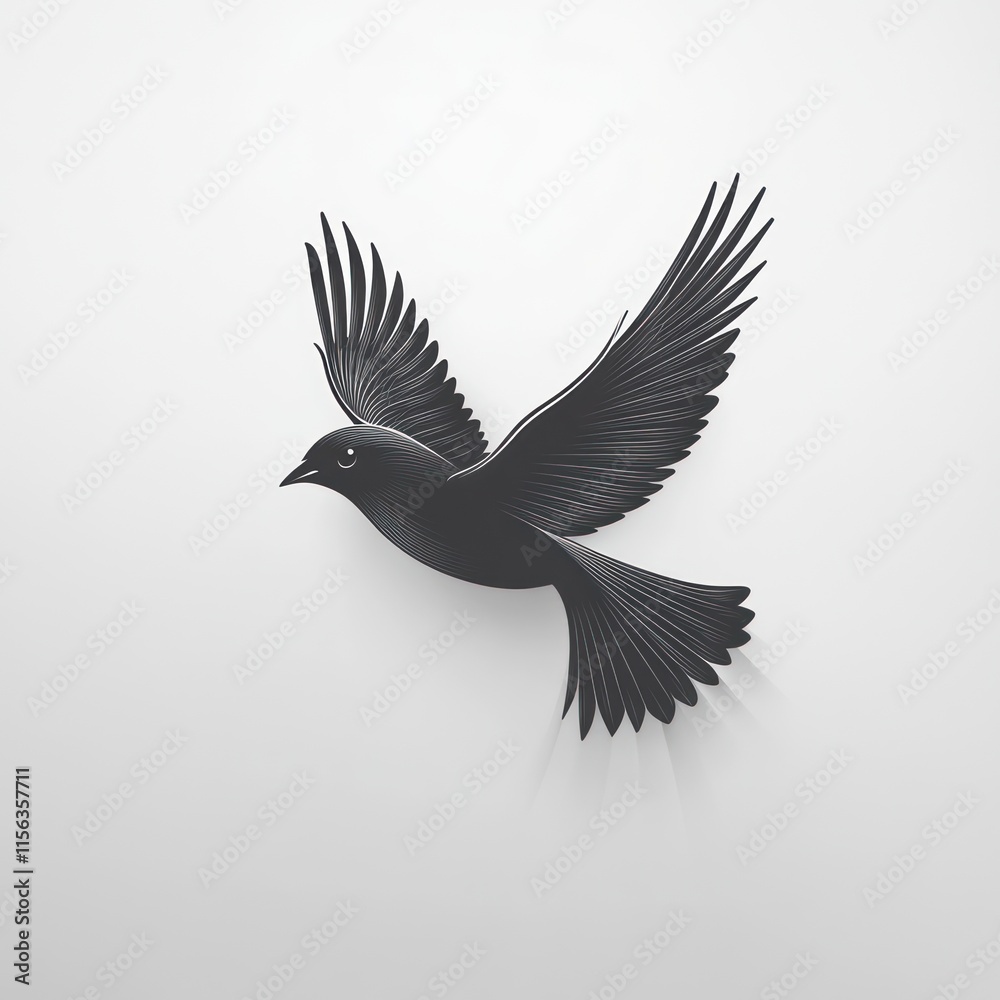Fototapeta premium Black bird in flight with shadow.