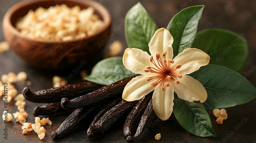 Vanilla Blossom with Pods and Leaves: A Botanical Display Vanilla Blossom with Pods and Leaves: A Botanical Display