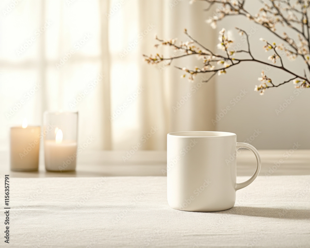White blank mug mockup on a table with candles and spring flowers in the background. A soft white curtain frames & window behind them, providing a gentle contrast between light and shadow. White blank mug mockup on a table with candles and spring flowers in the background. A soft white curtain frames & window behind them, providing a gentle contrast between light and shadow.