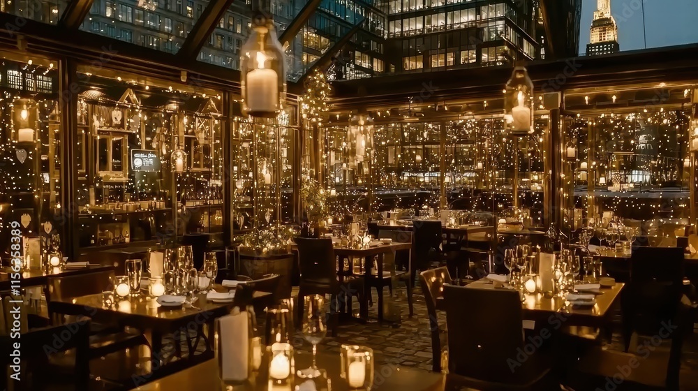 Fototapeta premium Elegant Restaurant Interior with Ambient Lighting and City Views