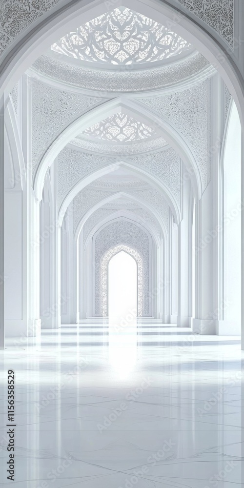 Fototapeta premium A long, narrow, white room with a large archway. The archway is open and the room is very empty